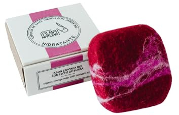 Alba Natura - Esponja de Lana Virgen con Jabón Suavizante - Jabón a Base de Aceite de Oliva, Geranios y Leche de Burra - Especialmente para Pieles Secas o Maduras - 150g