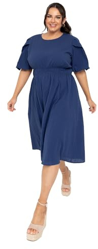 Lovedrobe Women's Ladies Midi Dress Round Neck Short Puff Sleeves Crossover Elasticated Waistband Textured A-line Casual Blau 52