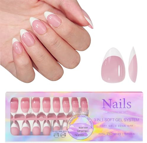 Roucerlin Lot de 150 faux ongles 3 en 1 à presser courts en gel souple pré-formé - Couverture complète - Rose à coller - Extensions de faux ongles réutilisables pour la maison - 15 tailles