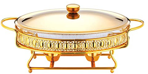 WQZStar Electric Buffet Server Chafing Dish Buffet Set, Oval Buffet Food Warming Container, With Glass Pot & Lid, Holder, Catering Food Warmers, For Parties Events Wedding, Outdoor Picnic (Gold 3L)