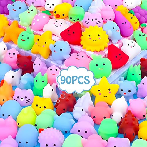 POWLYB 90 stycken Squishies Kawaii mjuka silikonleksaker anti-, mini mjuk klämma stressminskning squishies anti-stressleksak, present barnfödelsedag gästpresenter (slumpmässig stil och färg)