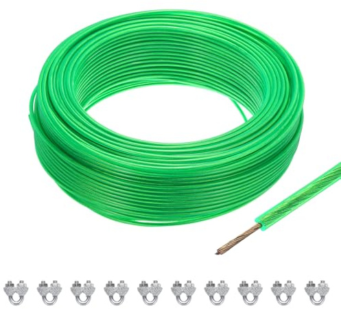 sourcing map 3.5mm (9/64 inch) Green Vinyl Coated Wire Rope, 100m /328ft Galvanized Steel Cable Wire Rope with 10PCS M5 Loop Sleeves for String Light Hanging, Deck Railing, Garden Wire