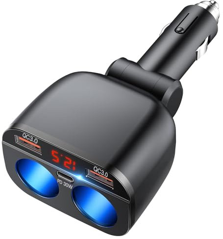 OOWOLF Zigarettenanzünder Verteiler Adapter Splitter - 5-in-1 Auto Ladegerät 12V USB C KFZ Stecker 2 Fach Steckdose 12 Volt DC 80W mit LED Voltmeter Schalter Dual USB