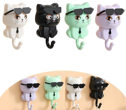 Adhesive Coat Hooks Key Holder, Creative Adhesive Cute Cat Key Hook, Home Storage Utility Wall Decorations for Hanging Hat, Key, Towel, Scarf, Bags, Punch Free (Black+White+Green+Purple)