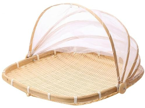 Cubierta de frutas contra moscas de la fruta, cesta de fruta con cubierta 15x15 en canasta de pan de bambú tejido cuadrado con tapa de malla a prueba de polvo Food Siring Tent Casking para picnic, ve