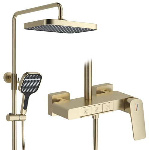 Colonne de Douche Dorée Brossé, BSS0338 Moderne Ensemble de Douche, Touches de Piano, 30x20cm Pomme de Douche, Système de Douche en Laiton 59A avec Robinet de Baignoire, Hauteur Réglable (Or Brossé)