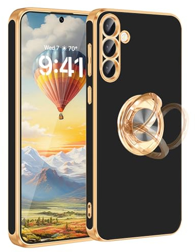 Fingic for Samsung S25 Plus Case[with 360°Rotatable Ring Holder][Support Magnetic Car Mount] Shiny Plating Gold Slim Thin Soft TPU Shockproof Case for Samsung S25 Plus for Women Men,6.7”,Black