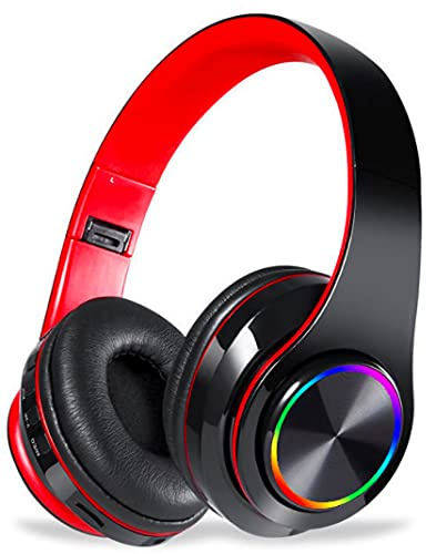 Fragolucyou Kabellose Bluetooth-Kopfhörer, Bunte Lichter, faltbar, Bluetooth 5.0, 10 m Reichweite, Stereo-Surround, integriertes Mikrofon, bequem befestigte Ohren (schwarz-rot)