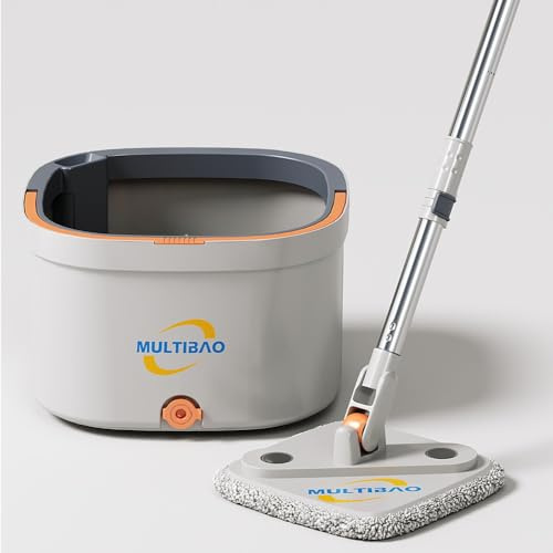 Multibao Spin Mop Bucket Set, 360° Spin & Rinse & Wringing with 2 Reusable Microfibre Pads Cleaning Floors