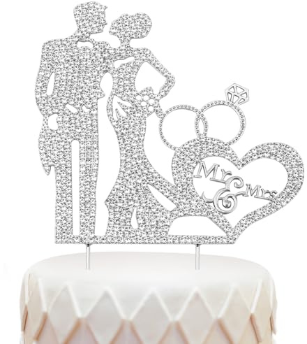 Wedding Cake Topper, Zinc Alloy Engagement Cake Topper Rhinestone Shining Wedding Topper for Cake Bride and Groom Cake Topper for Wedding Anniversary (Silver, Mr. & Mrs.)