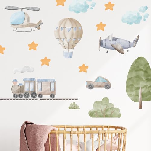GRAZDesign Wandtattoo Set Abenteuer Fahrzeuge – Zug, Flugzeug, Heißluftballon & mehr für Kinderzimmer