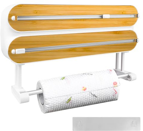 Portarrollos de pared para cocina, dispensador de papel de aluminio 3 en 1 con cúter, dispensador magnético de aluminio y conservador de alimentos, cortador con soporte para rollos de cocina, sin