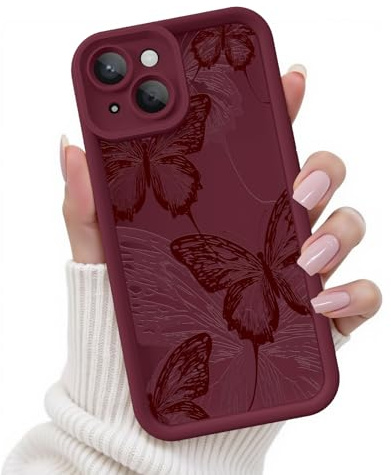 FUXICASE for iPhone 15 Case, Creative Butterfly Pattern Design for Girl Women, Soft Silicone Shockproof Anti-Scratch Protection Phone Cover for iPhone 15 (Burgundy Red Butterfly)