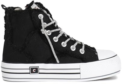 CAFèNOIR - Sneaker Mid in Canvass con Lacci Strass, da Donna, Colore Nero, Taglia 36