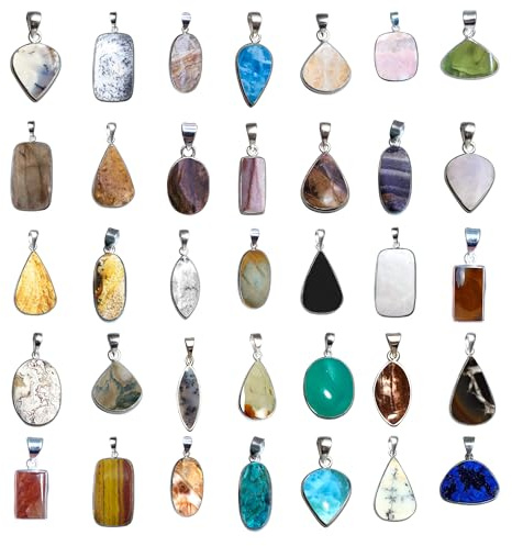 SUNYARAN Handmade Natural Crystal & Gemstone Pendant Set for Necklaces, Vintage Boho Pendants Pack for Women (10 Pcs Plain Silver Bezel)
