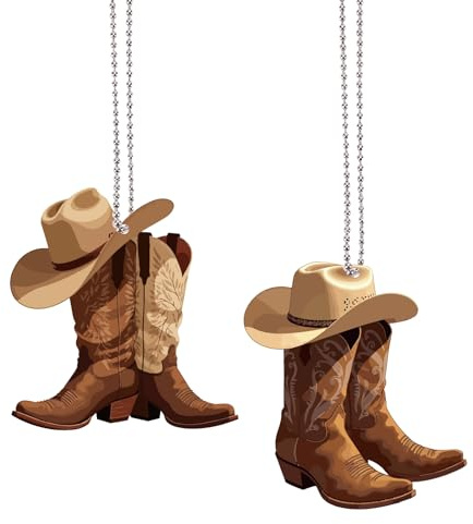 CREATCABIN 2 st cowboy stövel hatt hängande tillbehör backspegel tillbehör backspegel berlocker hänge dekoration bil interiör julgransprydnad för män kvinnor gåva (brun) 2,8/3 × 3,2,5 cm