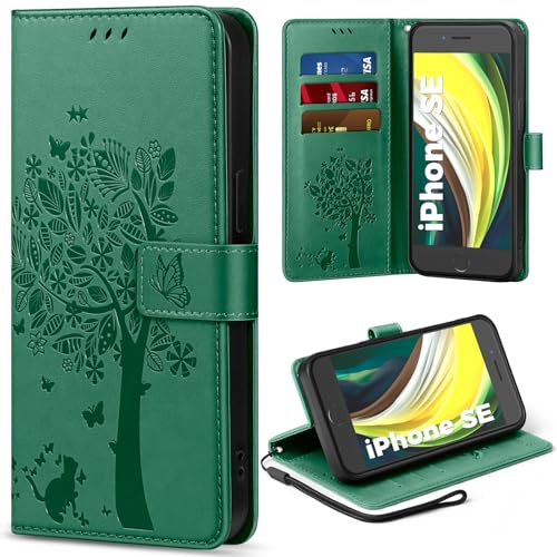EASDNB Handyhülle für iPhone 7/8/SE Hülle Lederhülle Flip Wallet Case | 3 Kartenfächer, Magnet, Ständer, Premium Leder Prägung, Magnetic Closure, RFID Blockierung Klapphülle, Grün