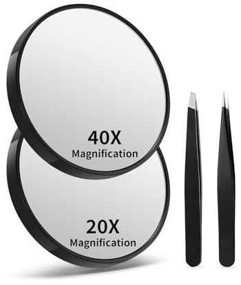 Macaki Vergrößerungsspiegel mit Saugnäpfen und 2 Pinzetten, 20-Fach und 40-fache Vergrößerung, 8,9 cm, Schwarz, 2 Stück
