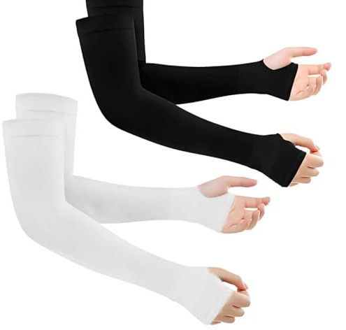 Verazquy 2 Pairs Uv Protection Cooling Compression Arm Sleeves with Thumb Hole, Tattoo Cover Up Sports Unisex Arm Sleeves for Driving Golfing Fishing Cycling Hiking Sports Doing