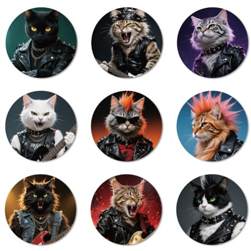 ANATTASOUL 9 Stück Punk-Katze und Rock Untersetzer Holz für Zuhause | Holzuntersetzer Coaster Wiederverwendbare Glasuntersetzer ,Tasse Coaster Mat für Büro und Bar Tischdeko Sommer