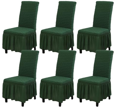 Rakila Abnehmbare Stretch-Stuhlhussen mit Rocksaum, 6er-Set, waschbar – Schonbezüge für Esszimmer- und Küchenstühle, Dunkelgrün