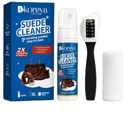 Dekoreya Suede Cleaner Kit – 200ml Suede & Nubuck Cleaner Foam with 3-Sided Suede Brush & Cleaning Towel | Cleans & Protects Shoes, Boots, Trainers, Bags & Sandals | Removes Dirt & Stains