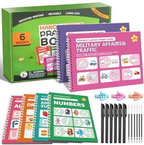 Magic Grooved Handwriting Practice Books for Kids, Reusable Copybook Gift Box Set with Magic Pen, Learn to Write Alphabet & Number Tracing for Ages 3-8, Preschool Kindergarten Learning (Green)