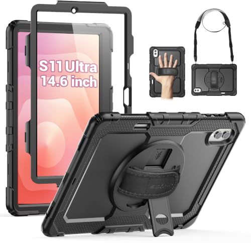 SEYMAC Hülle für Samsung Galaxy Tab S11 Ultra - 14,6 Zoll 2025, Schwarz | Stoßfeste Hülle mit Displayschutzfolie, 360°Drehbarem Ständer, Handschlaufe, Schultergurt, Stifthalter, Arbeit/Outdoor&Alltag
