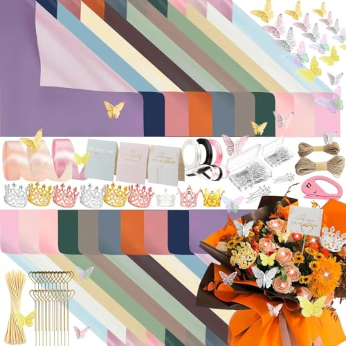 DNSGOOR Kit di 548 fogli di carta da regalo con fiori con 200 fogli di carta da regalo impermeabile a doppio lato, corone decorative per bouquet di farfalle 3D, nastri per San Valentino, laurea, festa