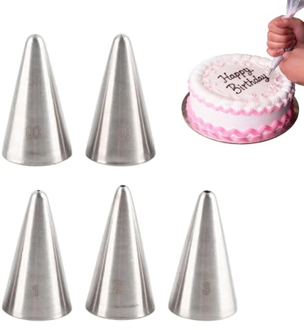 5 Pcs Piping Nozzles Set Round Cream Writing Tips for Cake Decorating Icing Cookies Cupcakes Fondant Macarons Stainless Steel Pastry Biscuit Decorating Kit Compatible with Piping Bags