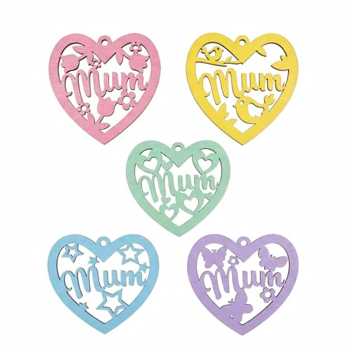 5 Pcs Mothers Day Wooden Heart Crafts,Mum Hanging Pendants Ornaments Ideal for Mother’s Day Home Decorations,Handmade Craft Gift with Assorted Designs(Birds, Flowers, Hearts, Stars)
