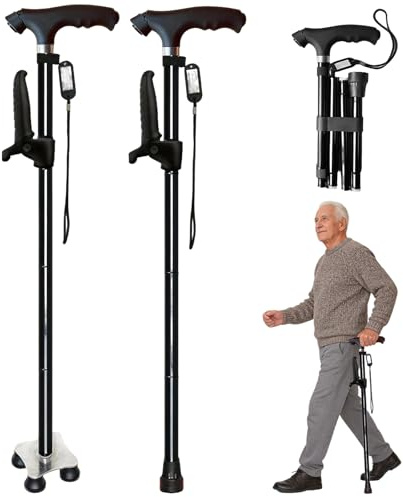 BRGD Bastón Plegable Ajustable con luz LED, Bastón de Senderismo Portátil de Doble Asa para Caminar, Ayuda, Antideslizante Personas Mayores