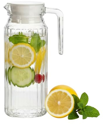 STL (900 ml) Borosilicate Glass Water Jug with Lid – Ribbed Fridge Glass Pitcher for Hot & Cold Drinks, Spill-Free Spout, Vented Top, Iced Tea, Coffee, Juice & Milk Carafe for Home Kitchen