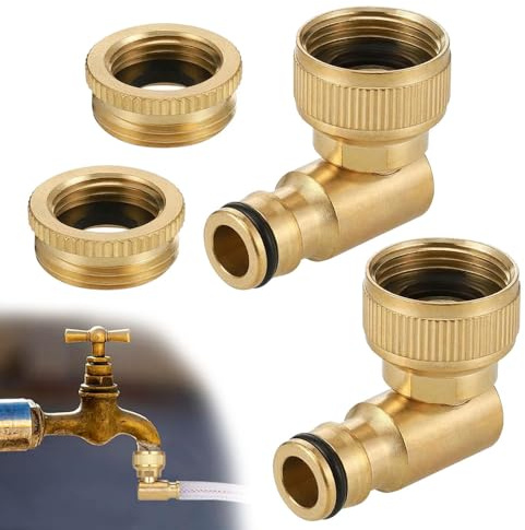 UQTUKO Messing Wasserhahnanschluss 1/2 und 3/4, Messing Schlauchanschluss 90° Winkel Schlauchverbinder 360° Drehbarer Gartenschlauch Verbinder Wasserhahn Adapter