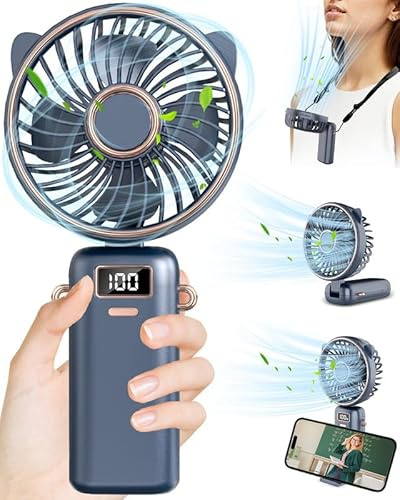 Kouric Hand Fan Rechargeable,3-in-1 Desktop/Neck/Handheld Fan with LED Display,5 Speeds & 4500mAh,USB Small Silent Pocket Portable Fan,Foldable & Cute for Women Men Kid,Handbag/Home/Office/Garden,Blue