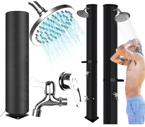 Ducha Solar Exterior 60L, Columna de Ducha para Jardín con Cubierta Protectora, Rociador 360°, Grifo Inferior, Agua Caliente Solar hasta 60°C, Negro para Piscina y Terraza