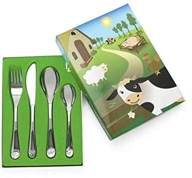 Brillibrum Design Kinderbesteck 4er Set aus Edelstahl Spühlmaschinenfest mit Namen Besteck mit Motiven Kinder Besteck Set (Gravur bis 10 Zeichen, Bauernhof)