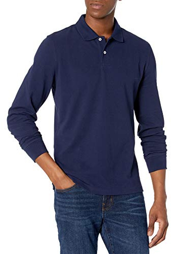 Amazon Essentials Polo in piqué a Maniche Lunghe vestibilità Aderente Uomo, Blu Marino, L