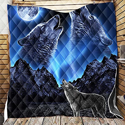 Chickw1 Tagesdecke Bettüberwurf Gesteppt, 3D Wolf Tagesdecke Schlafzimmer Mikrofaser Steppdecke Decke Überwurf Wohnzimmer Sofaüberwurf für Einzelbett Doppelbett (Blauer Mond,226x260cm)
