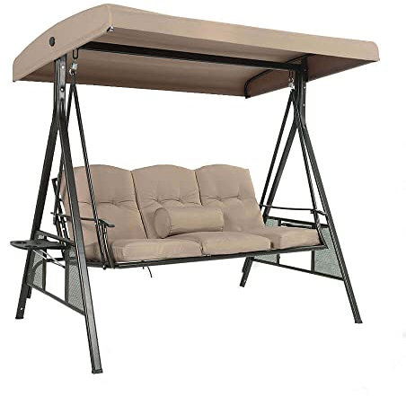 Home Deluxe - Hollywoodschaukel DESCANSO Beige - 3-Sitzer, B/H/L 115cm x 195cm x 198cm, inkl. Getränkehalter, Sitz- und Rückenkissen I Gartenliege Gartenlounge Schaukelliege