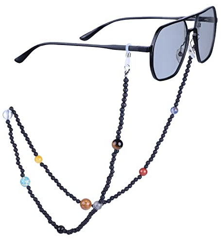 KYEYGWO Lavastein Kristall Perlen Brillenkette für Damen und Herren, Neun Planeten Brillenband Stein Brillenkordel Edelstein Kette Brillenschnur für Myopiebrille, Sonnenbrillen, Lesebrillen