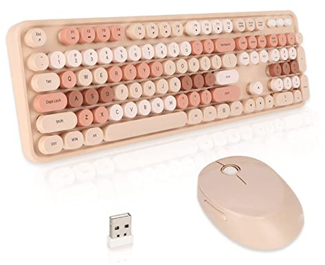 Colorido Combo de Teclado Y Mouse Inalámbricos, 104 Teclas Policromadas, Teclas Redondas, Teclados de PC Retro, Teclado Y Mouse Ergonómicos Silenciosos USB de 2.4G,(Color de té de Leche Dulce)