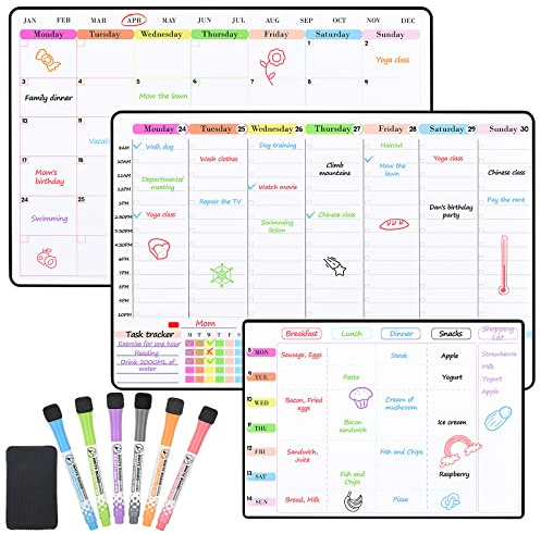 POPRUN Magnetisk kalender whiteboard för kylskåp, familjens veckoplanerare, A3 månadsplanerare, måltidsplaneringstavla, torr radering kylskåp kalendertavla kit måndag till - 3 FÖRPACKNING