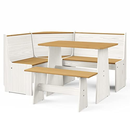 Keketa Set da pranzo da 3 pezzi, tavolo da pranzo in legno e panca angolare per 6 persone, tavolo da cucina salvaspazio, marrone miele e pino bianco in legno massello