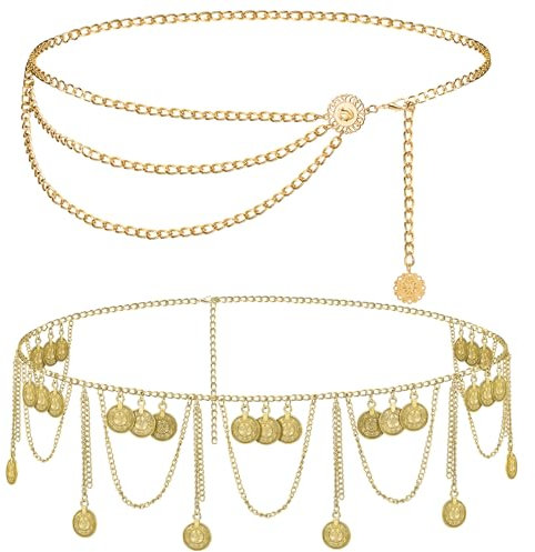 Otuuz 2 Stück Taillenketten für Damen Retro Bauchketten mit Goldmünzen Verstellbare Bauchtanz Metall Hüftketten Körperketten Kettengürtel Bauchschmuck Münzgürtel für Frauen Karneval Tanzparty Gold
