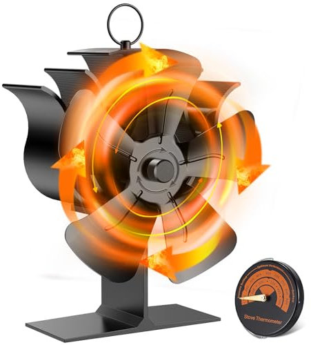 Jasfyee Stove Fan Log Burner Fan, 2024 Upgrade 5 Blade Fireplace Fan, Silent Operation Wood Stove Fan for Wood Burning Firewood Fireplace With Thermometer
