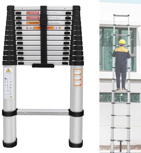 Scala telescopica in alluminio, 5 m, portata 150 kg, portatile, allungabile, con piedini antiscivolo, facile da spegnere e retrattile