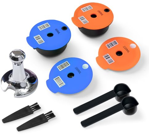 Dosettes rechargeables Tas Simo 200 + 220 ml + Couvercles supplémentaires en silicone 60 + 180 ml, dosettes de café réutilisables Tas Simo compatibles avec les machines Bosch, avec presse à café