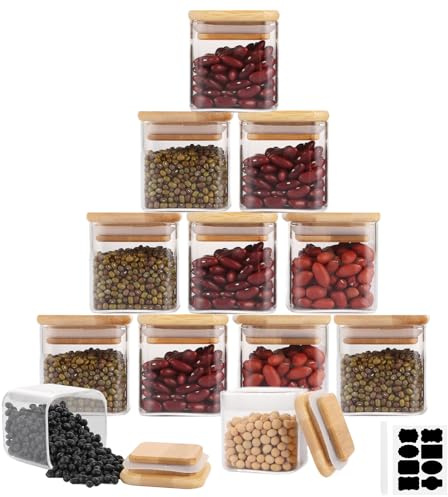 YOUNTHYE 12er Quadratische Vorratsgläser Set mit Deckel 150ml Luftdicht Vorratsdosen Glas mit Deckel, Etiketten und Stift, Aufbewahrungsbox Küche für Gewürze, Tee, Trockenwaren, Nüssen