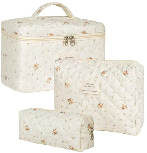 3er Set Kosmetiktasche Kulturtasche Damen mit Blumenmuster, Gesteppte Kulturbeutel Make Up Tasche Tragbare Schminktasche Cosmetic Bag, Waschtasche Set Frauen Mädchen Toilettentasche für Alltag Reisen
